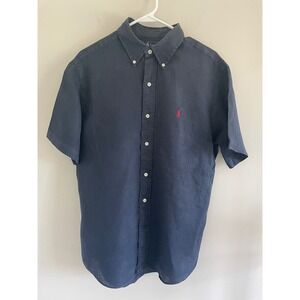 Ralph Lauren Mens Navy Blue Linen Short Sleeve Button Down Shirt Custom Fit L
